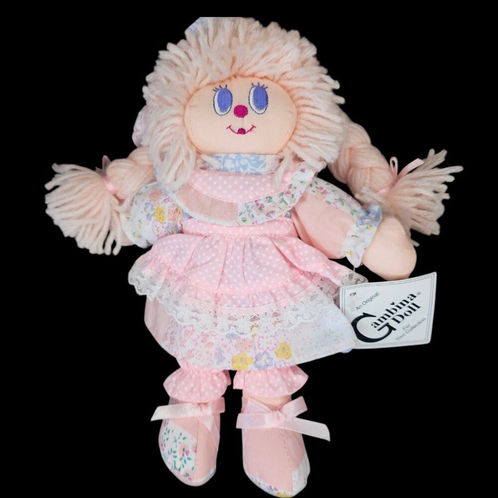 Y2K VTG‎ Gambina Rag Doll Pink Small Huggable Yarn Hair Bonnet Soft NWT 8 Inches